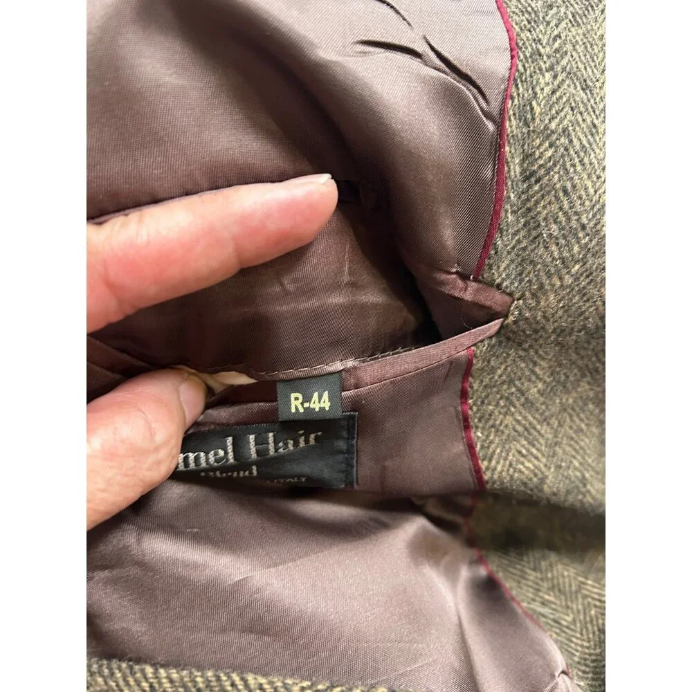 CHERESKIN Blazer Mens 44R Brwn Herringbone Camel Hair Blend Sport Coat Italy Vtg
